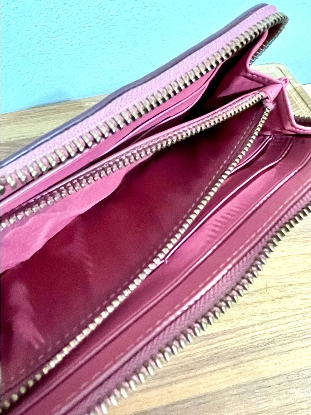 Coach Pink Leather Zip Around Wallet Organizer Card Holder Quiet Luxury Preppy